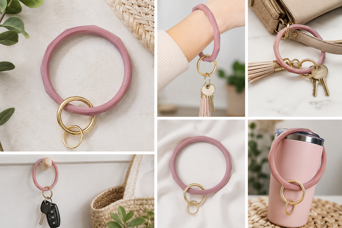 Rose Pink Soft Silicone Key Ring Bracelet- Keychain Holder - Silicone Bangle Key Chain
